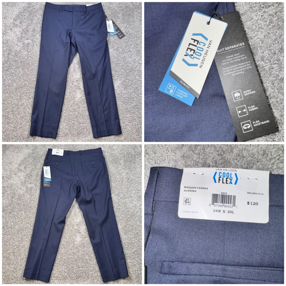 Van Heusen Manning Cool Flex Pants Mens Slim Stretch Navy 34x29 NEW